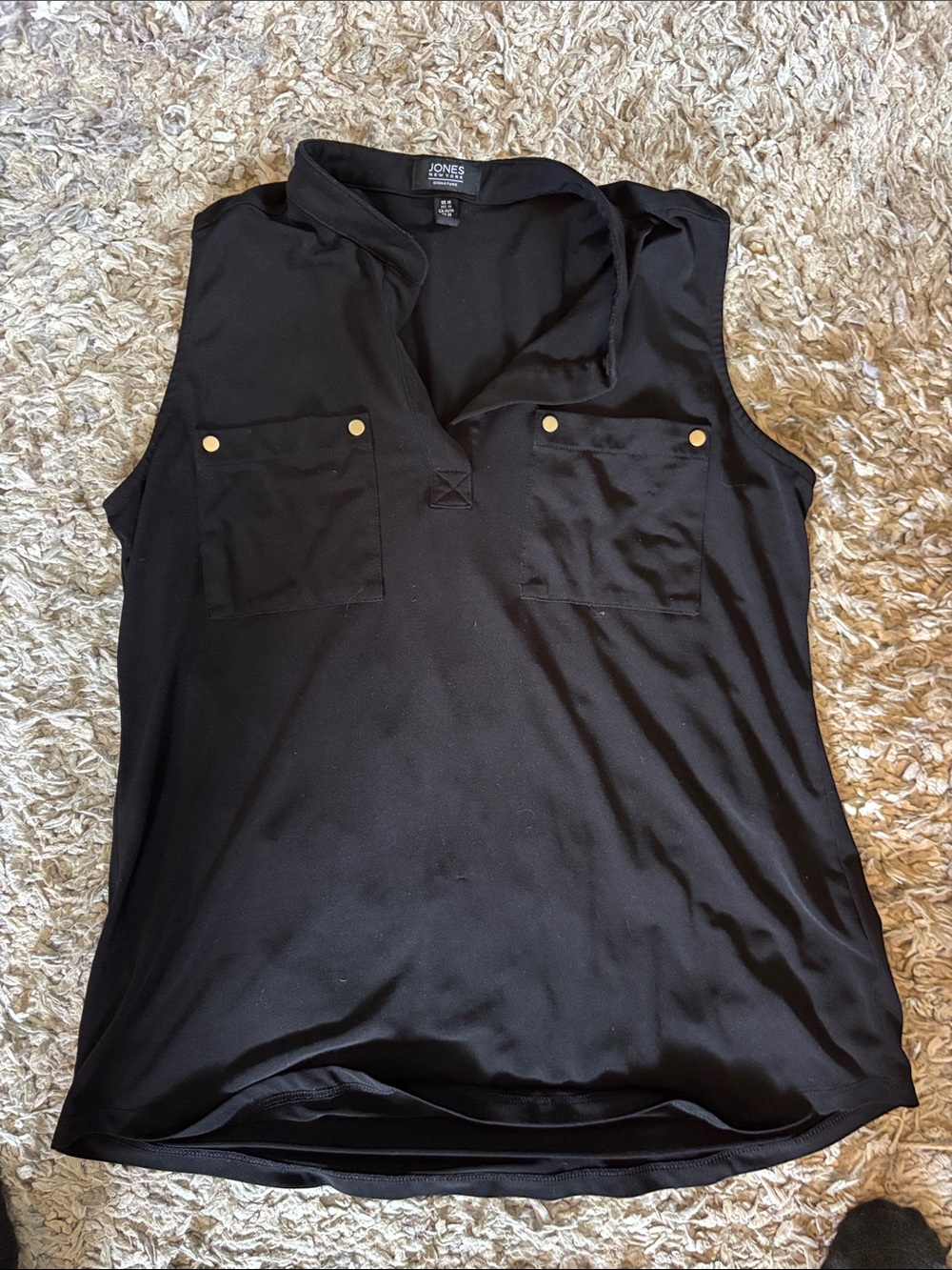 Jones New York Black Sleeveless V-Neck Shell with Gold-Tone Pocket Studs